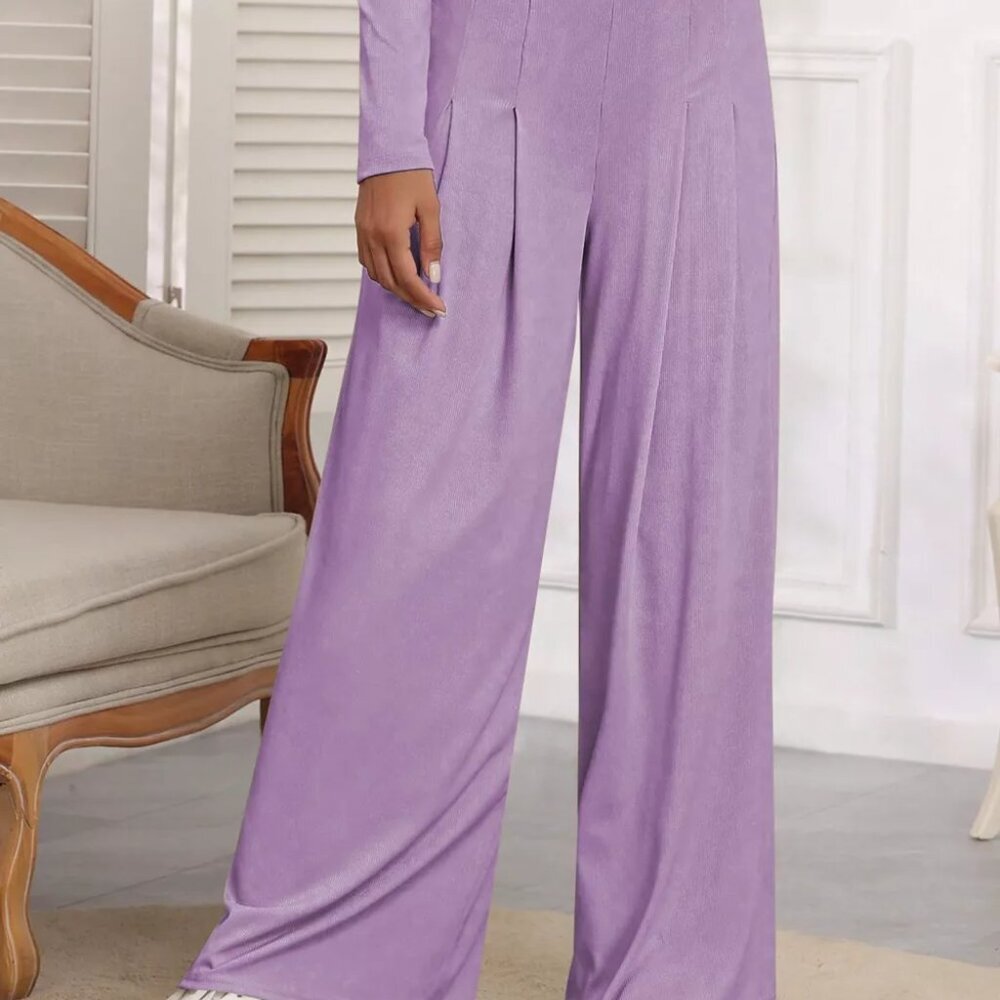 Casual Long Sleeve Crop Top and Wide Leg Pants Set - Picture 2 of 9